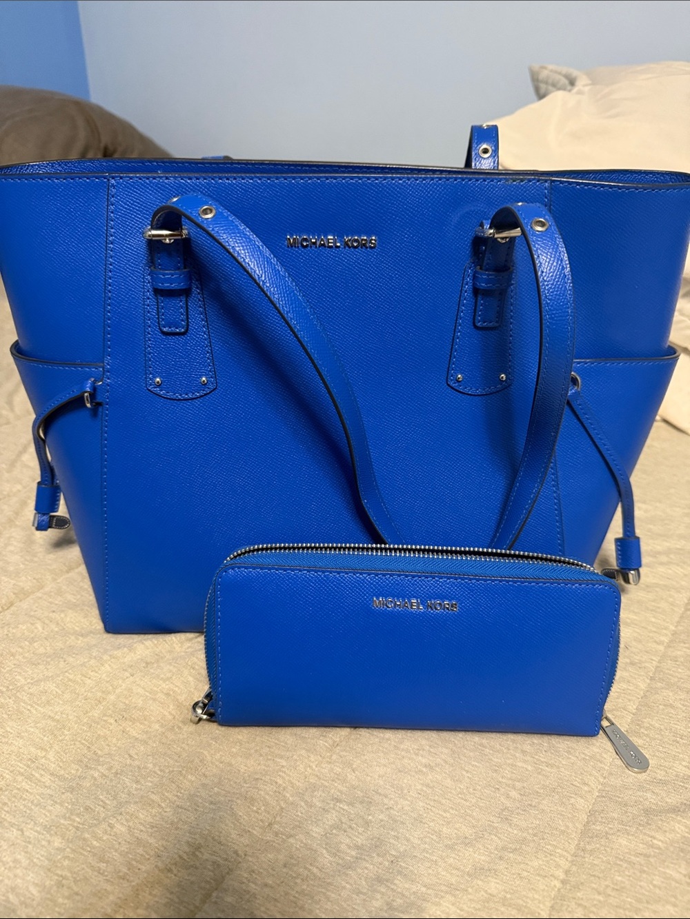 Michael Kors Bright Blue Saffiano Leather Tote with Matching Zip Wallet